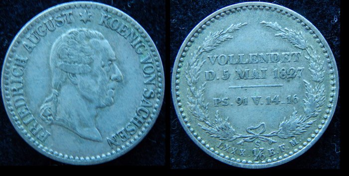 1/6 талера 1827 г. Саксония, смерть короля Фридриха Августа I