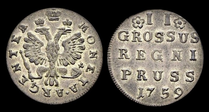 Прусские 2 грошена с профилем Елизаветы Петровны, 1759 г.