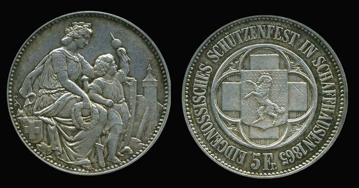 5 франков 1865 г. Шаффхаузен, Швейцария.