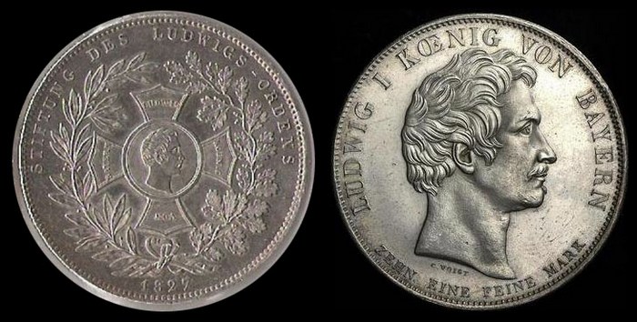 Конвенционный исторический талер 1827 г. Людвиг I, Бавария