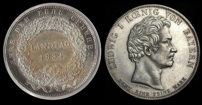 Конвенционный исторический талер 1834 г. Людвиг I, Бавария