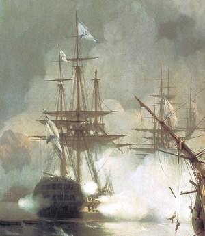 Линкор «Азов» на картине Айвазовского «Сражение при Наварине» (фрагмент, 1848)