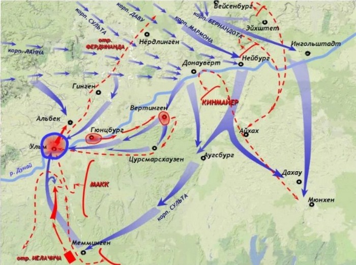 Ульмский маневр Наполеона 1805 г., карта